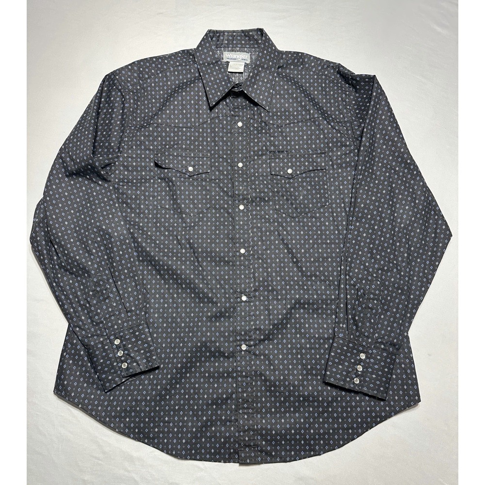 Wrangler Wrancher Western Snap Shirt Geometric Gray Blue Pattern XL MTW1357